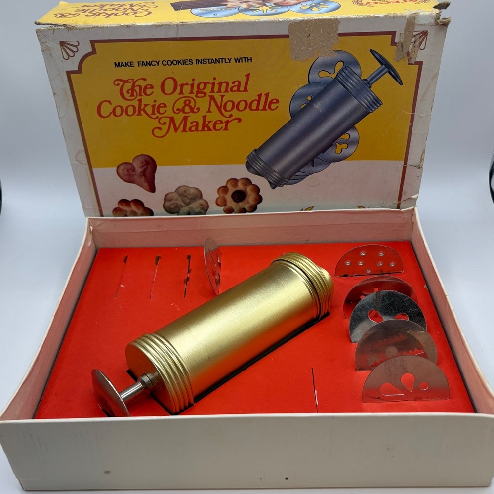 Vintage Ateco Cookie and Noodle Maker No 685β Gold Metal Press with Box 6 Discs